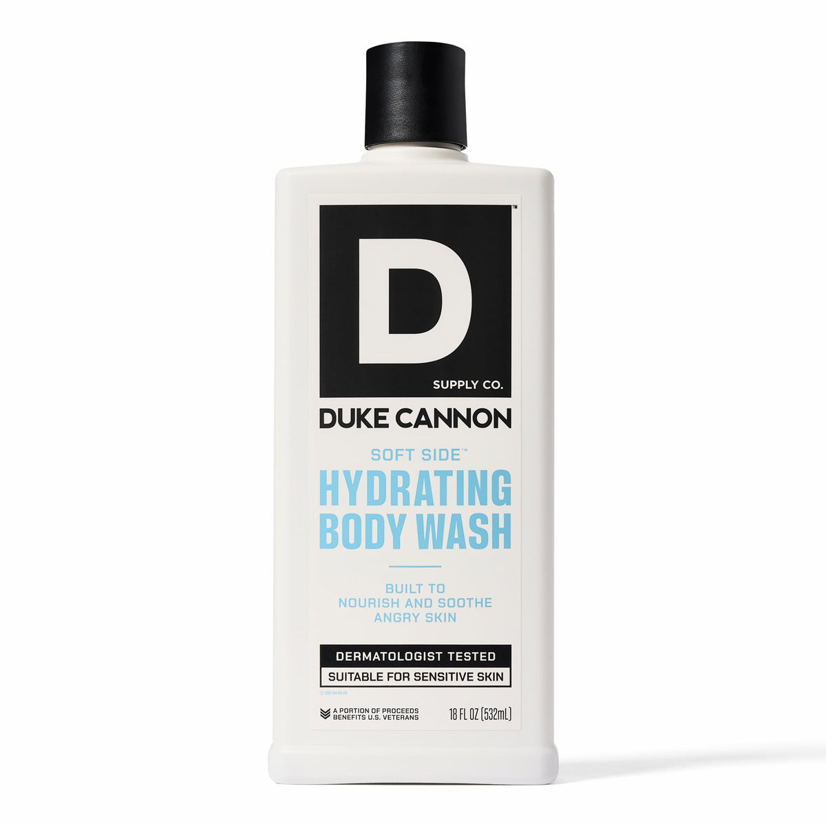 Duke Cannon Ducha Corporal Hidratante, frente de la botella, hidratación para piel seca.