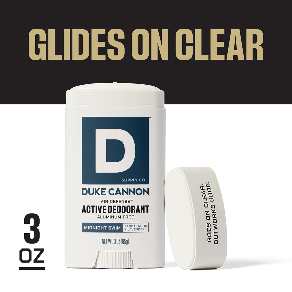 Duke Cannon Midnight Swim contains aloe vera and vitamin E to soothe underarm skin.