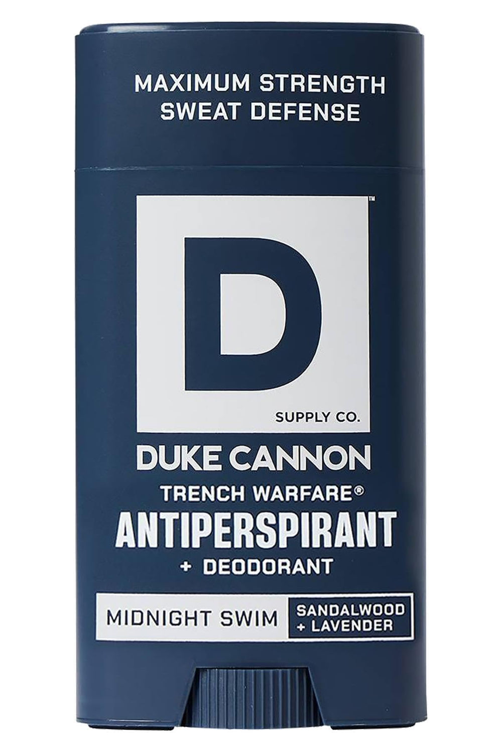 Duke Cannon Midnight Swim antiperspirant bottle front view for all-day protection.