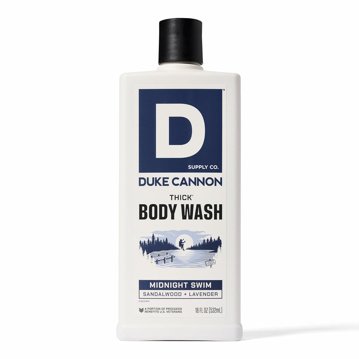 Duke Cannon Midnight Swim, botella frontal, aroma fresco y duradero para la ducha diaria.