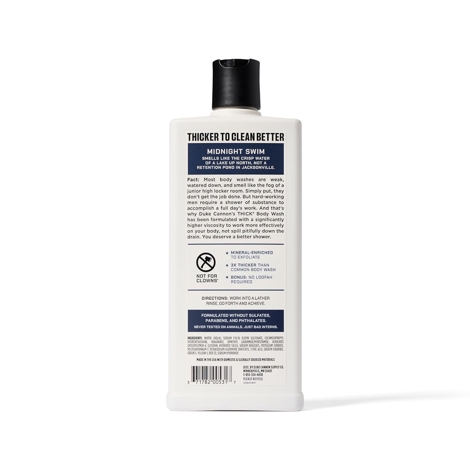 Duke Cannon Midnight Swim, envase de 18oz, duradero e higiénico.