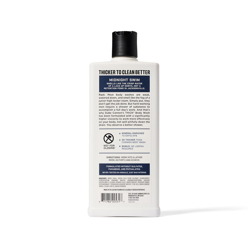 Duke Cannon Midnight Swim, envase de 18oz, duradero e higiénico.