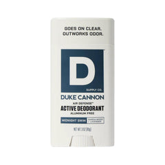 Duke Cannon Midnight Swim packaging showcases rugged branding and aluminum-free protection.
