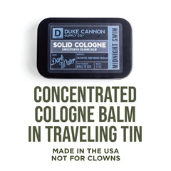 Duke Cannon Midnight Swim tin for travel touch-ups with long-lasting scent.