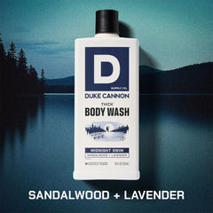Duke Cannon Midnight Swim, textura densa para ducha rápida y limpieza profunda.
