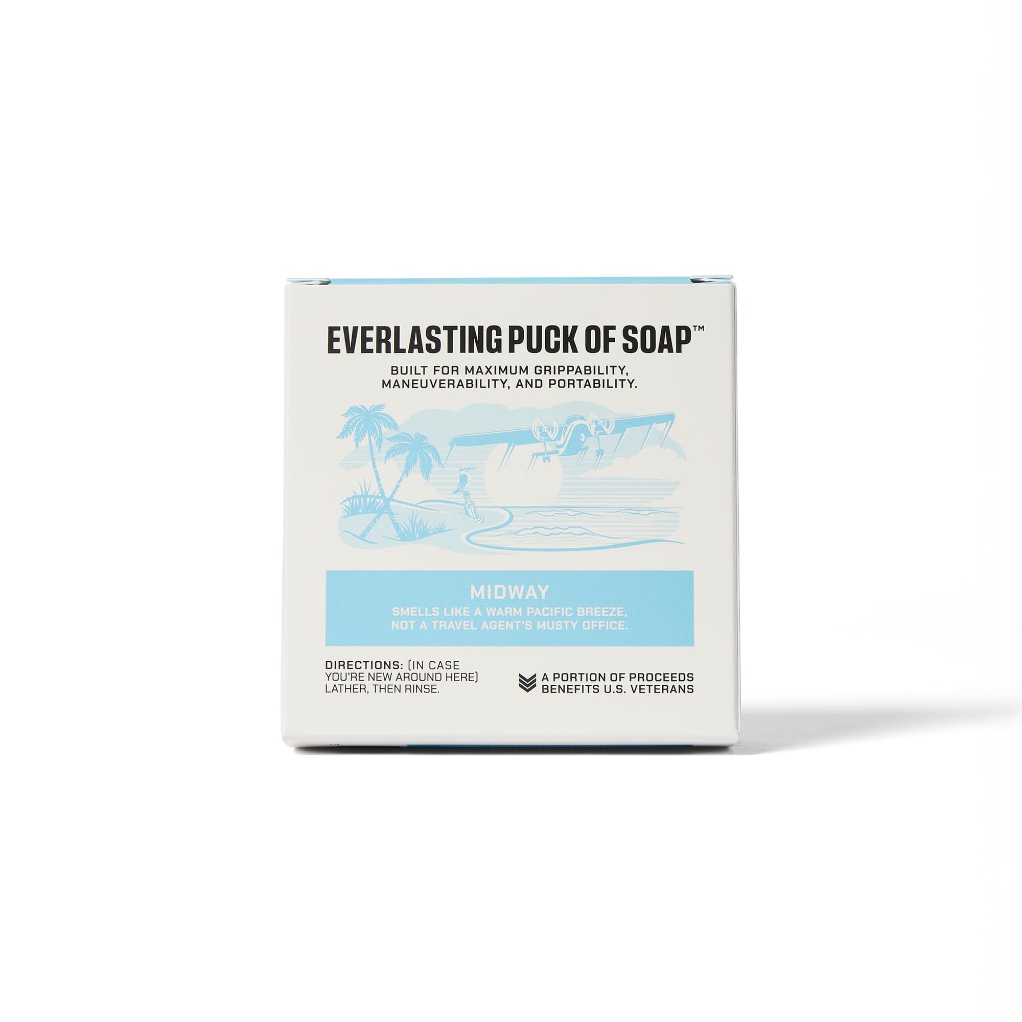Duke Cannon Midway soap puck on bathroom counter for daily use.