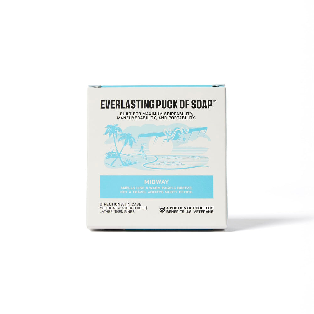 Duke Cannon Midway soap puck on bathroom counter for daily use.