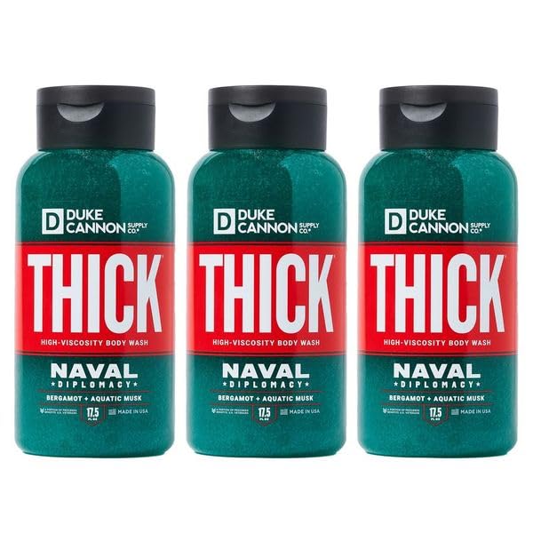 Duke Cannon Naval Diplomacy bottle pour showing thick lather for a thorough cleanse