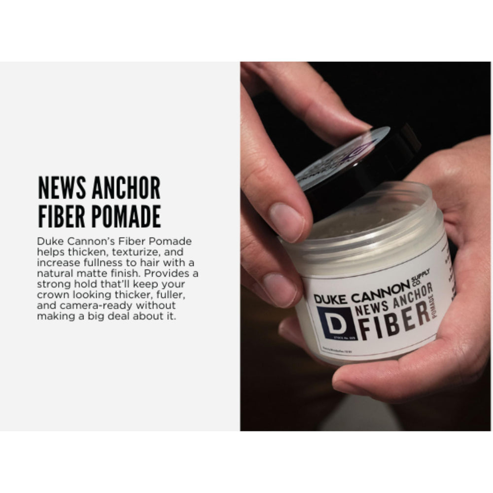 Duke Cannon News Anchor Pomade 4.6 oz jar on bathroom shelf ready to use.
