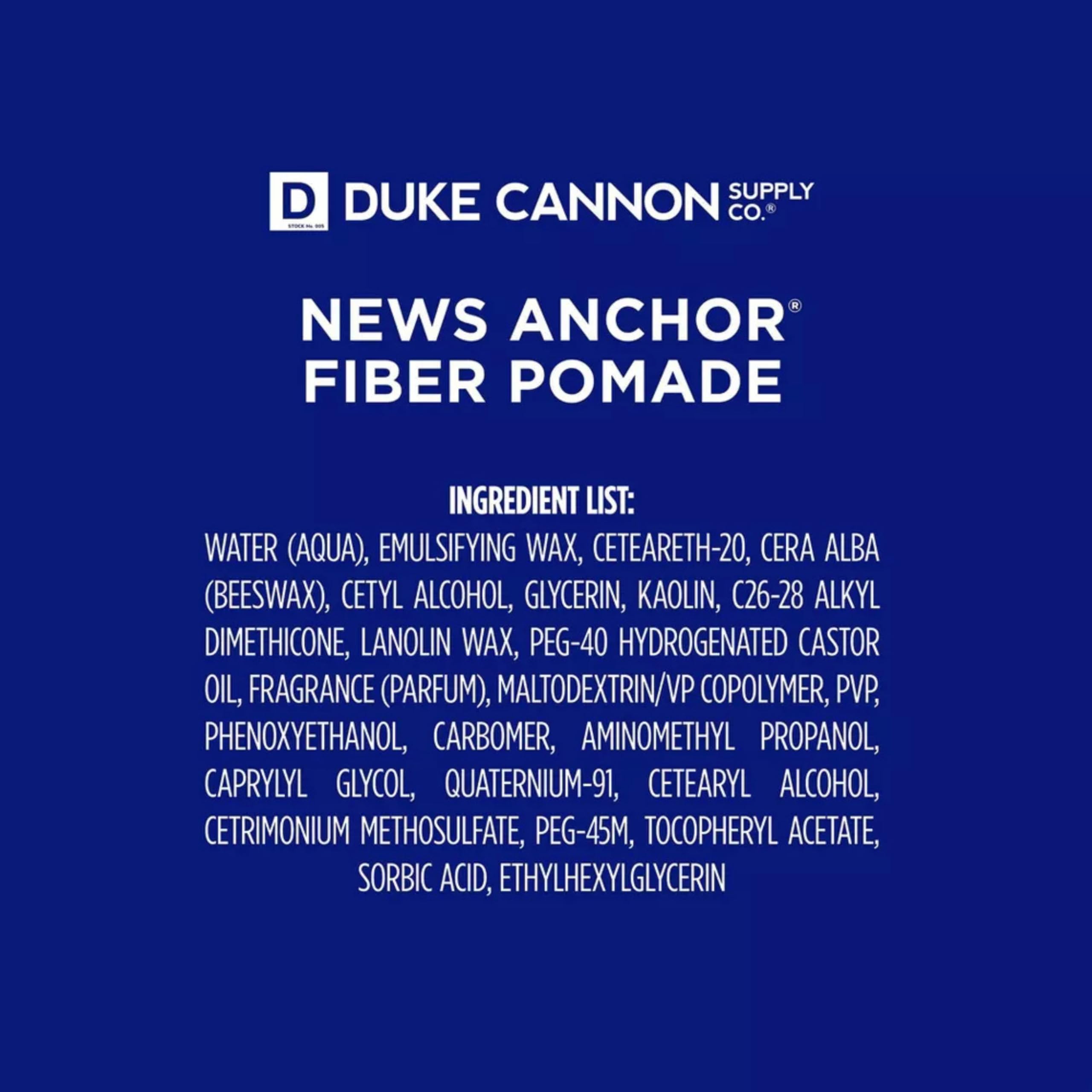 Duke Cannon News Anchor Pomade tin close-up highlighting strong hold.