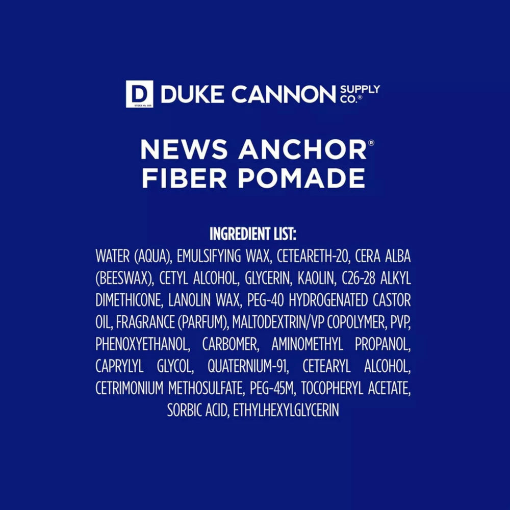 Duke Cannon News Anchor Pomade tin close-up highlighting strong hold.