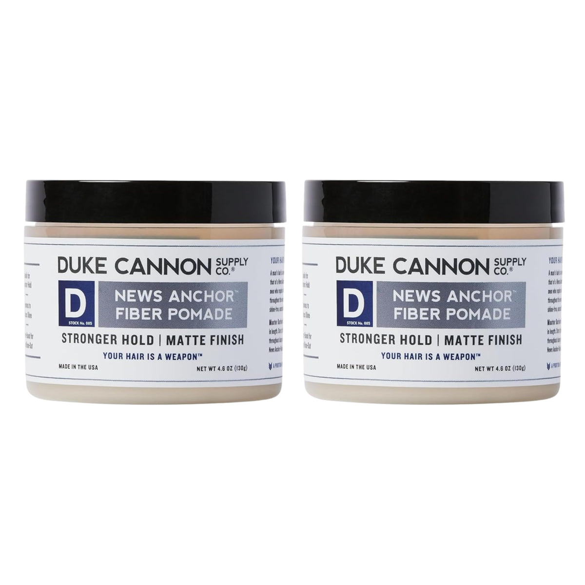 Duke Cannon News Anchor Pomade two-pack tins offer versatile hold and easy restyling.