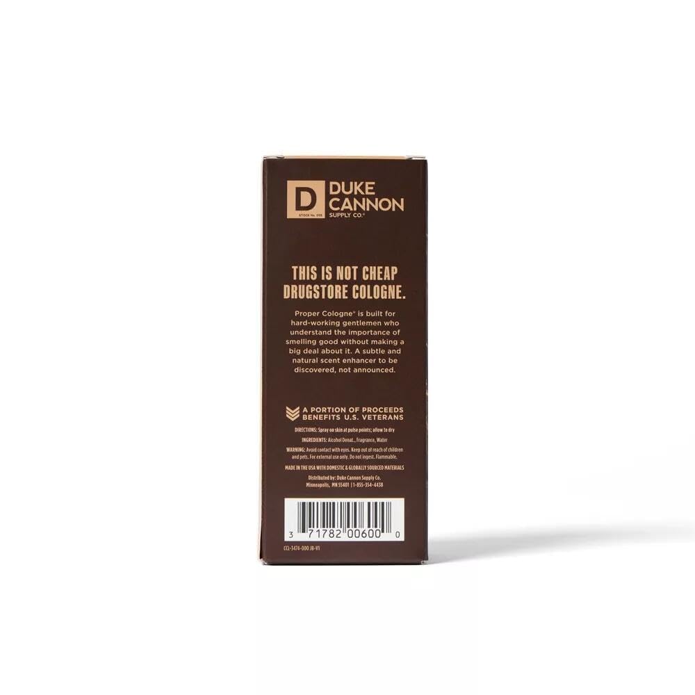 Duke Cannon Palomino Proper Cologne packaging box paired with bottle for thoughtful gifting.