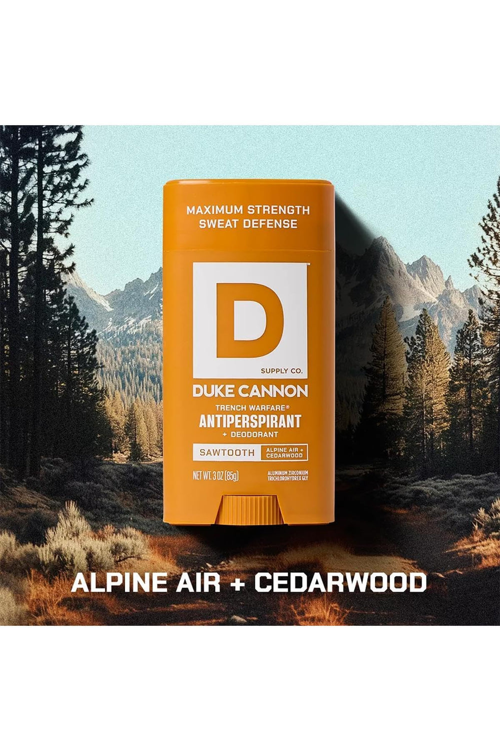 Alpine Air Cedarwood fragrance conveys outdoorsy masculine grooming.