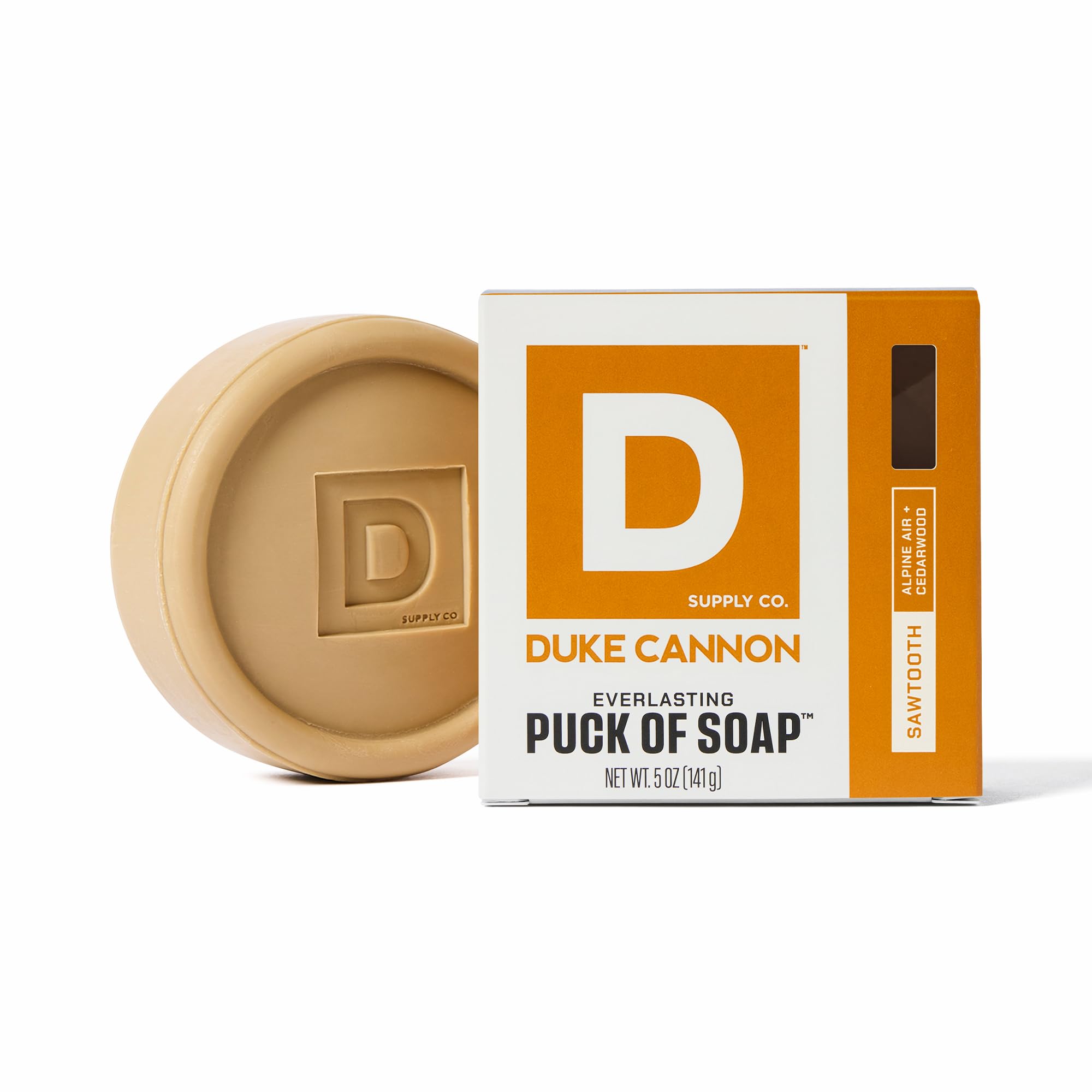 Duke Cannon Sawtooth bar soap puck close-up showing rugged, long-lasting cleansing