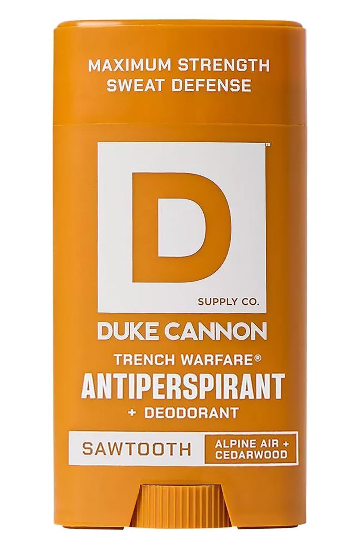 Duke Cannon Sawtooth antiperspirant bottle front with all-day protection.