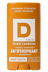 Duke Cannon Sawtooth antiperspirant bottle front with all-day protection.