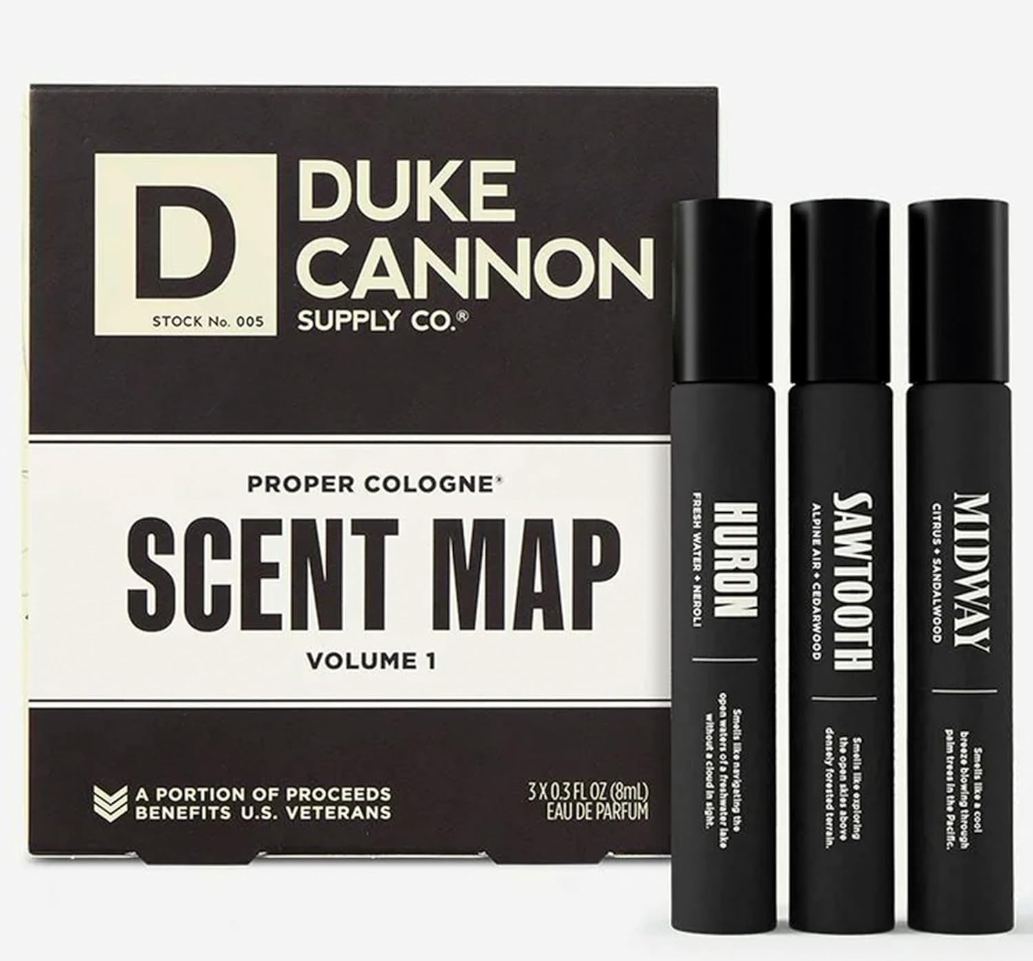 Duke Cannon Sawtooth bottle front showcasing premium apothecary design and woodsy scent.