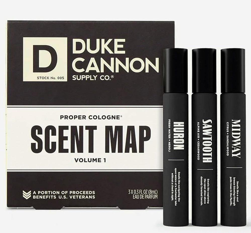 Duke Cannon Sawtooth bottle front showcasing premium apothecary design and woodsy scent.