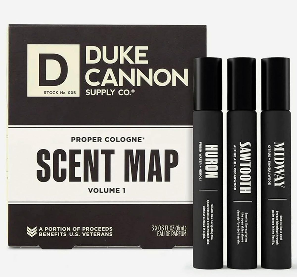 Duke Cannon Sawtooth bottle front showcasing premium apothecary design and woodsy scent.