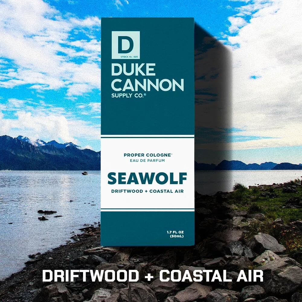 Seawolf bottle featuring coastal air hints for a clean, versatile men's fragrance.