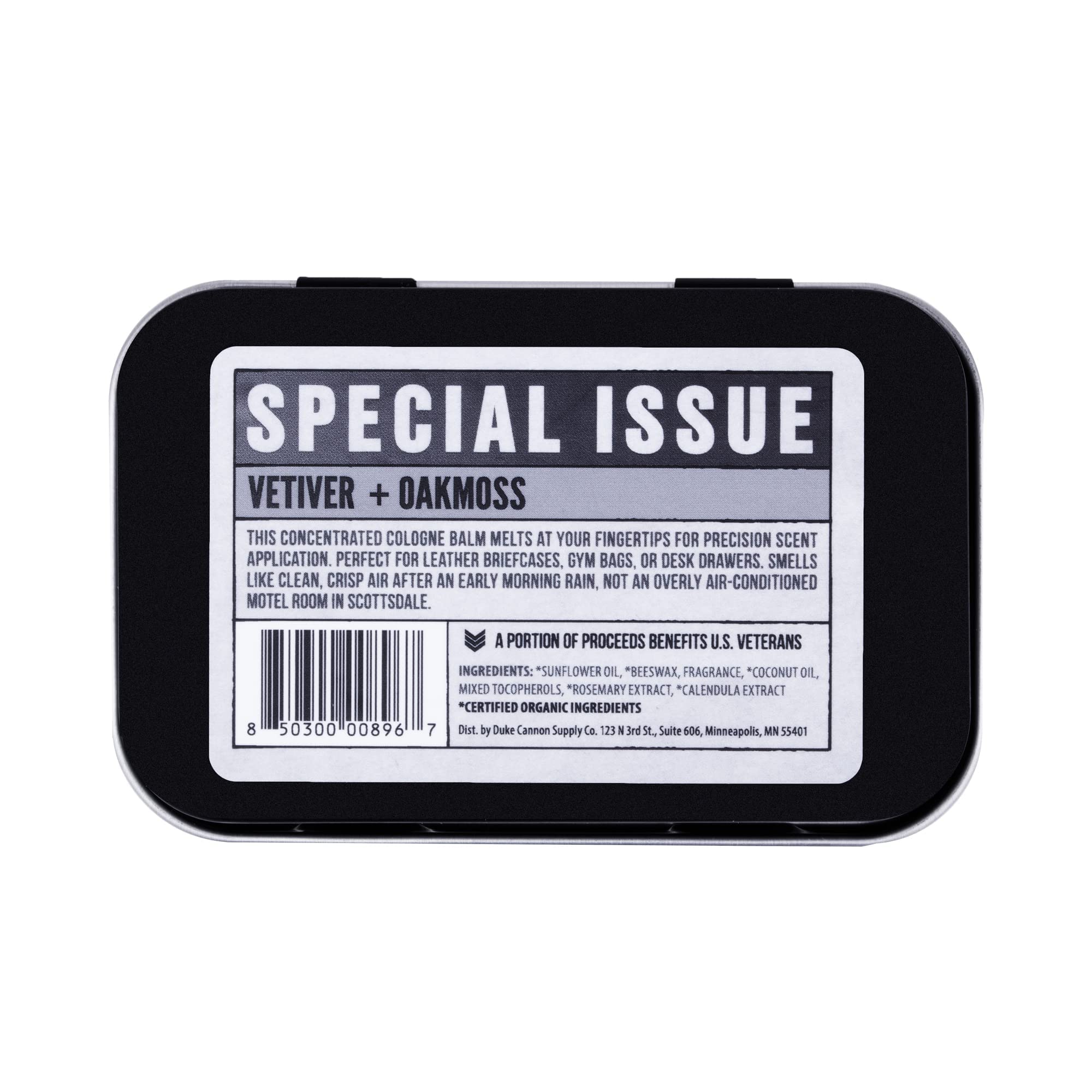 Duke Cannon solid cologne applied to pulse points for subtle scent.