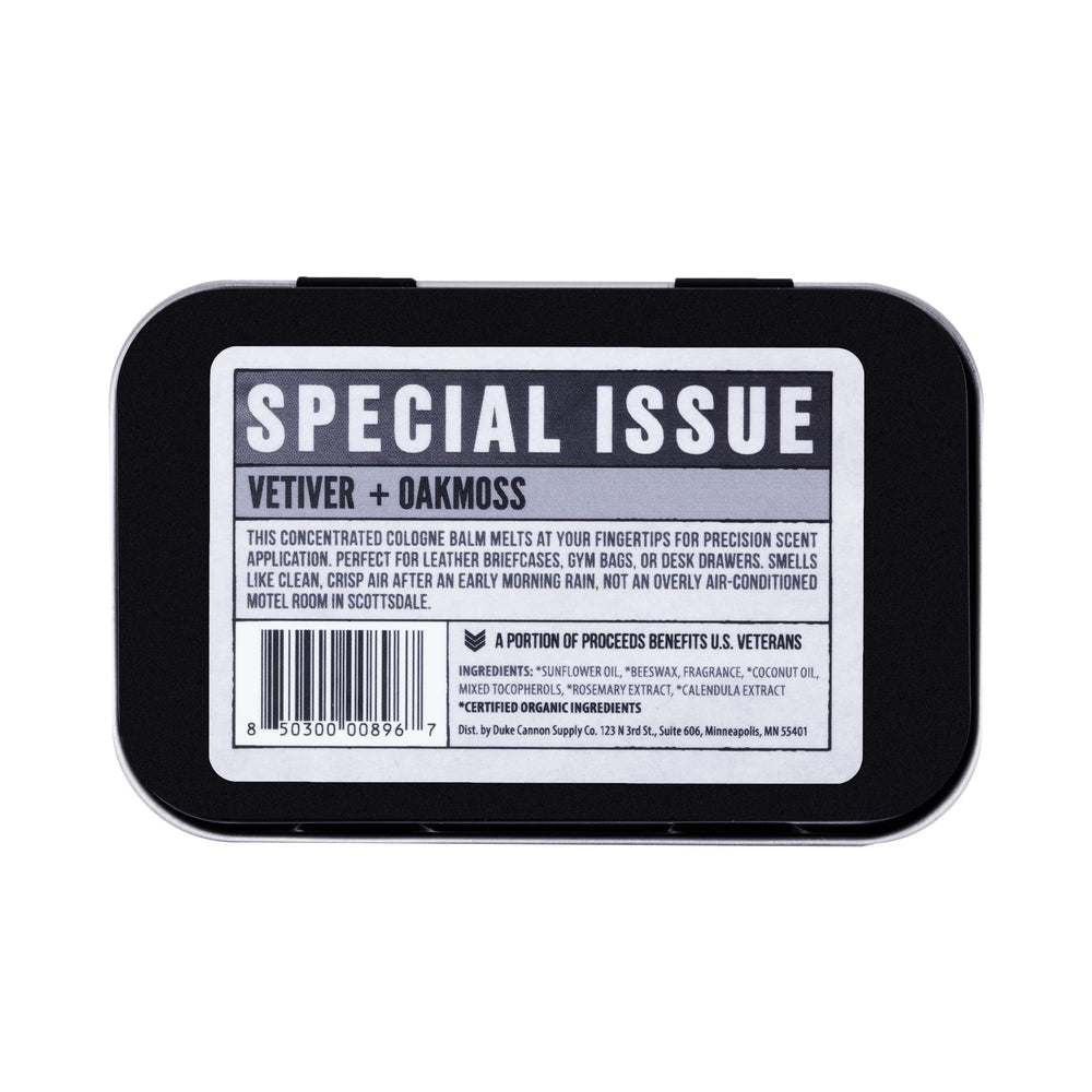 Duke Cannon solid cologne applied to pulse points for subtle scent.