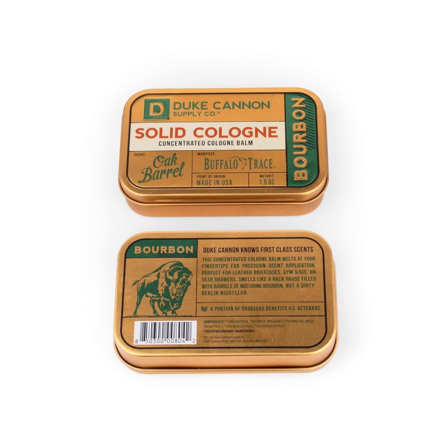 Duke Cannon solid cologne application, compact balm for quick scent touch-ups.