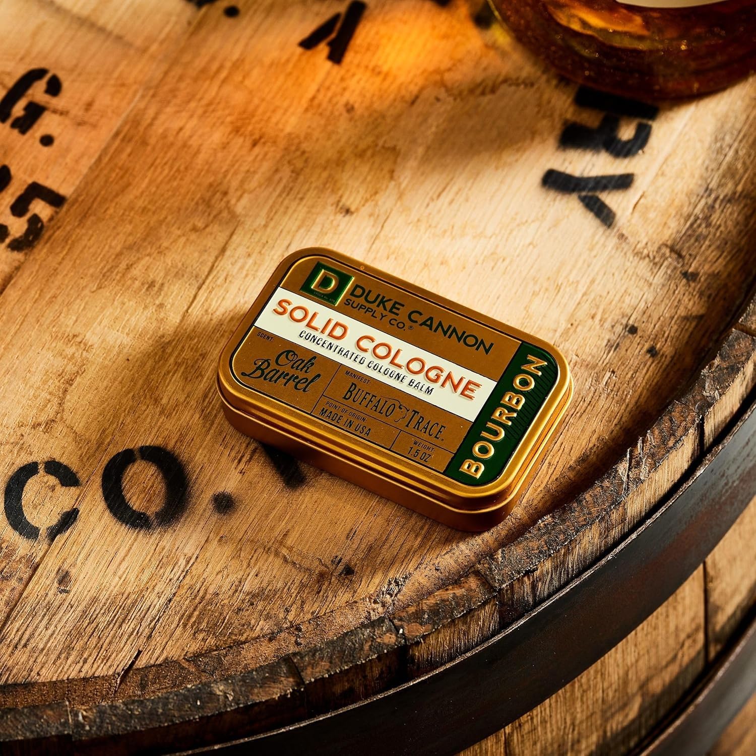 Duke Cannon solid cologne open view, sample-sized aroma for on-the-go refresh.