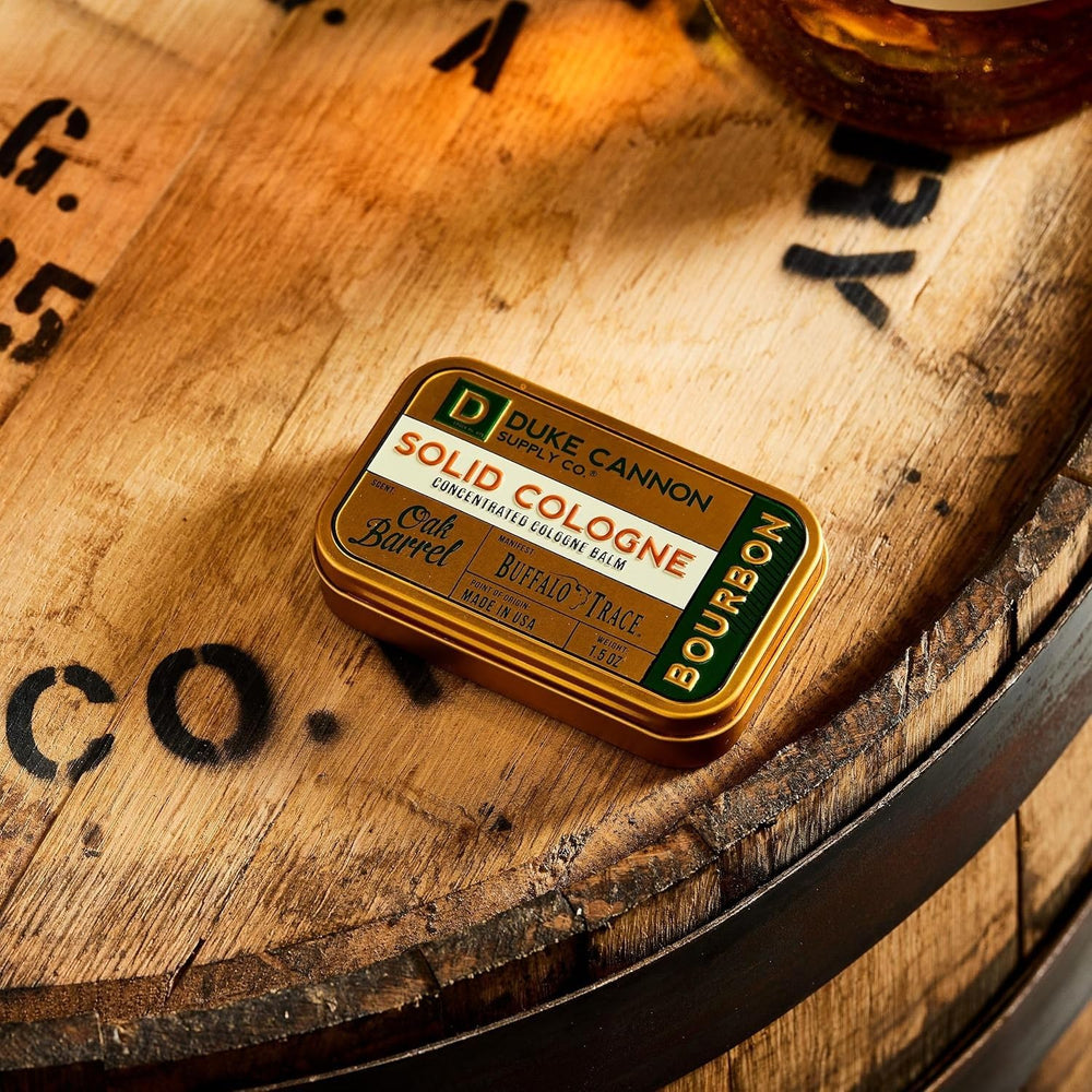 Duke Cannon solid cologne open view, sample-sized aroma for on-the-go refresh.