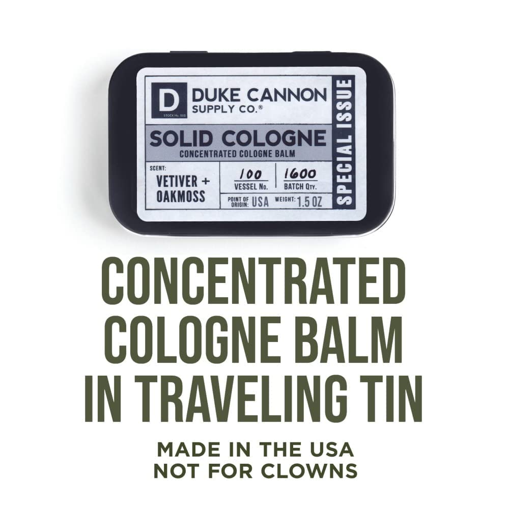 Duke Cannon solid cologne tin open for quick access on the go.