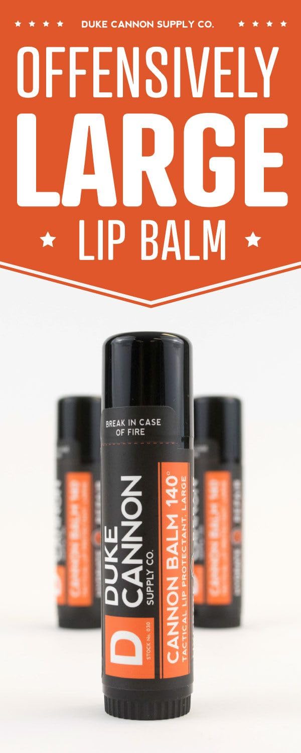Duke Cannon Tactical Lip Balm 140-degree jar closeup highlights rugged packaging