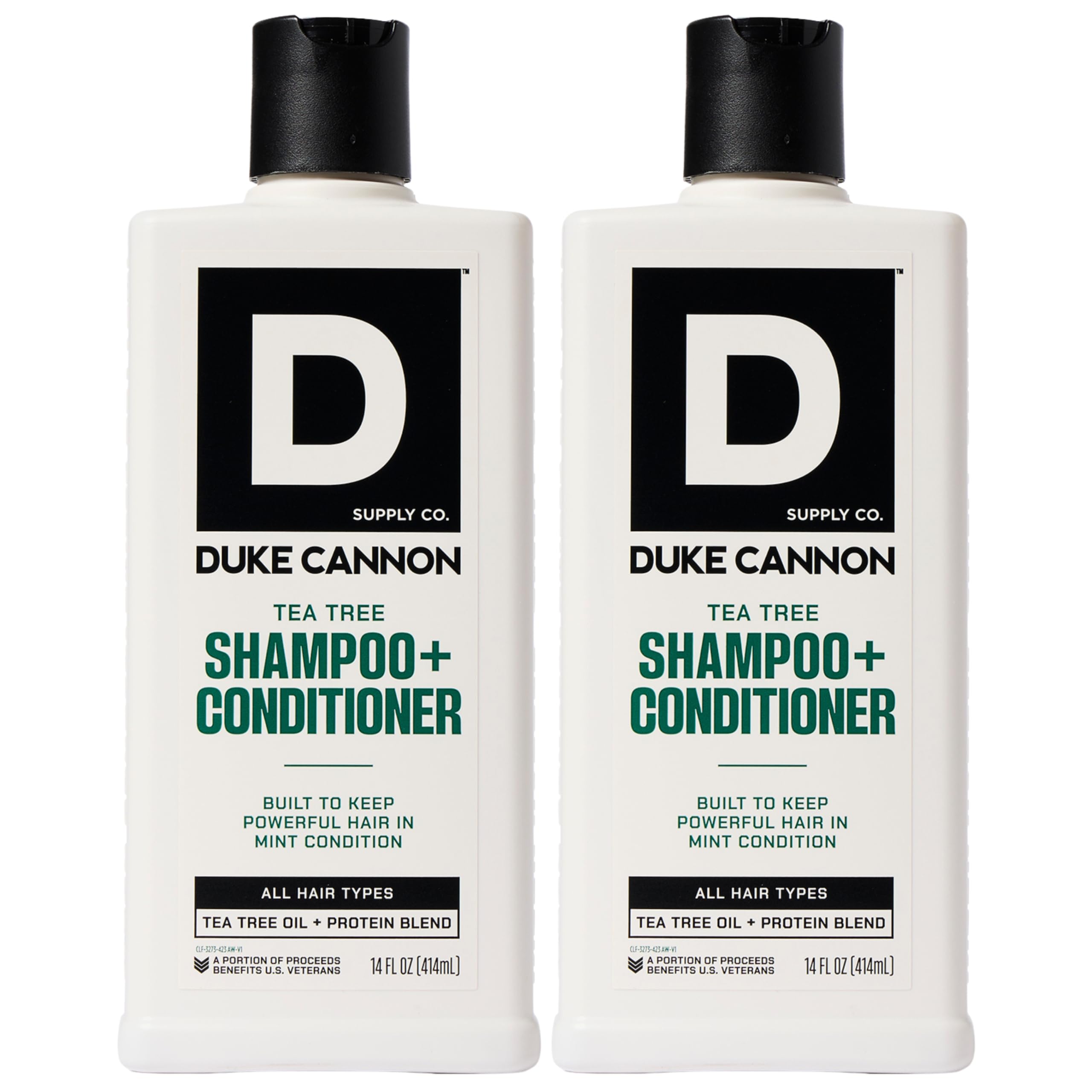 Duke Cannon Tea Tree 2-in-1 bottle delivers refreshing cleansing for daily grooming.