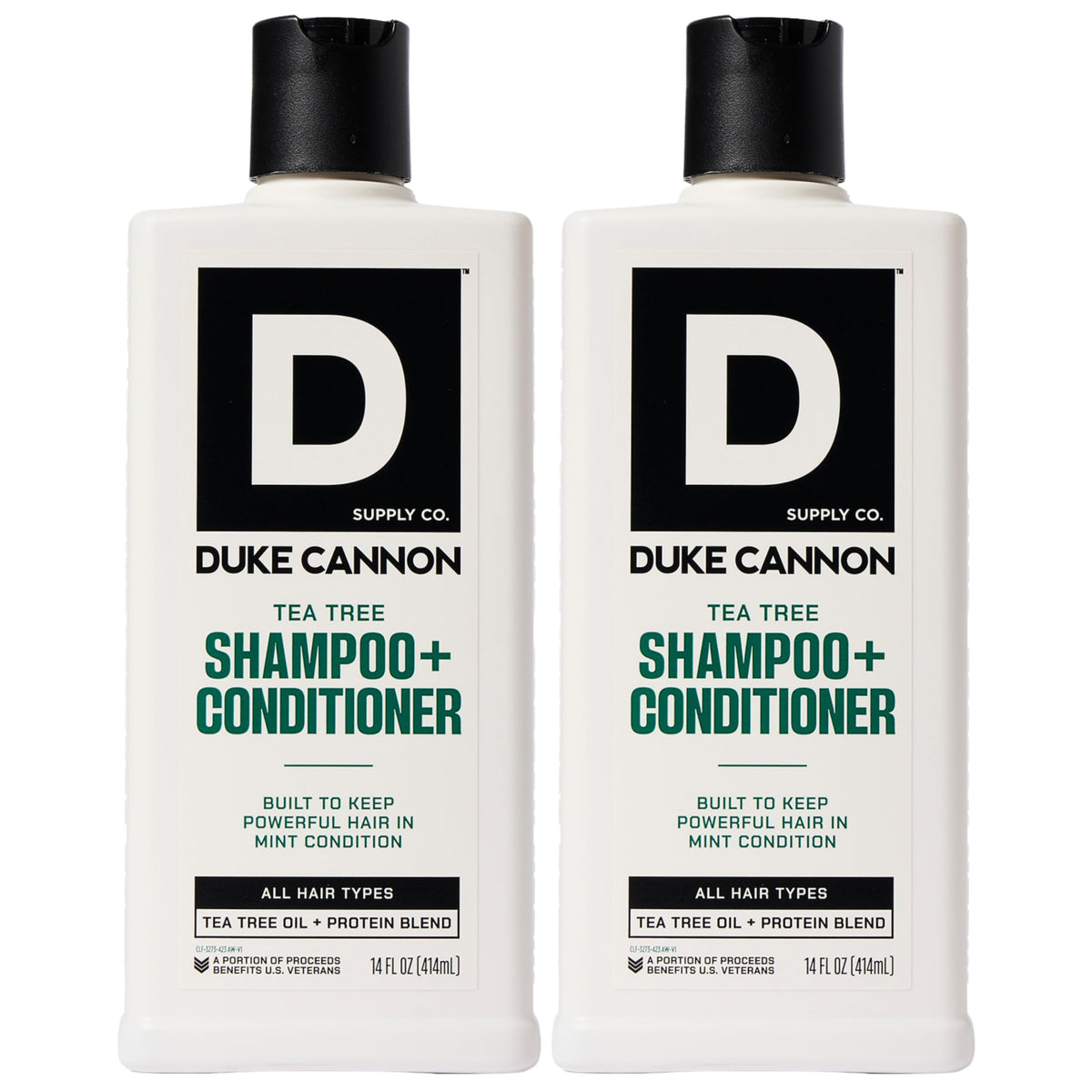 Duke Cannon Tea Tree 2-in-1 bottle delivers refreshing cleansing for daily grooming.