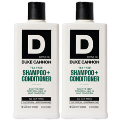 Duke Cannon Tea Tree 2-in-1 bottle delivers refreshing cleansing for daily grooming.