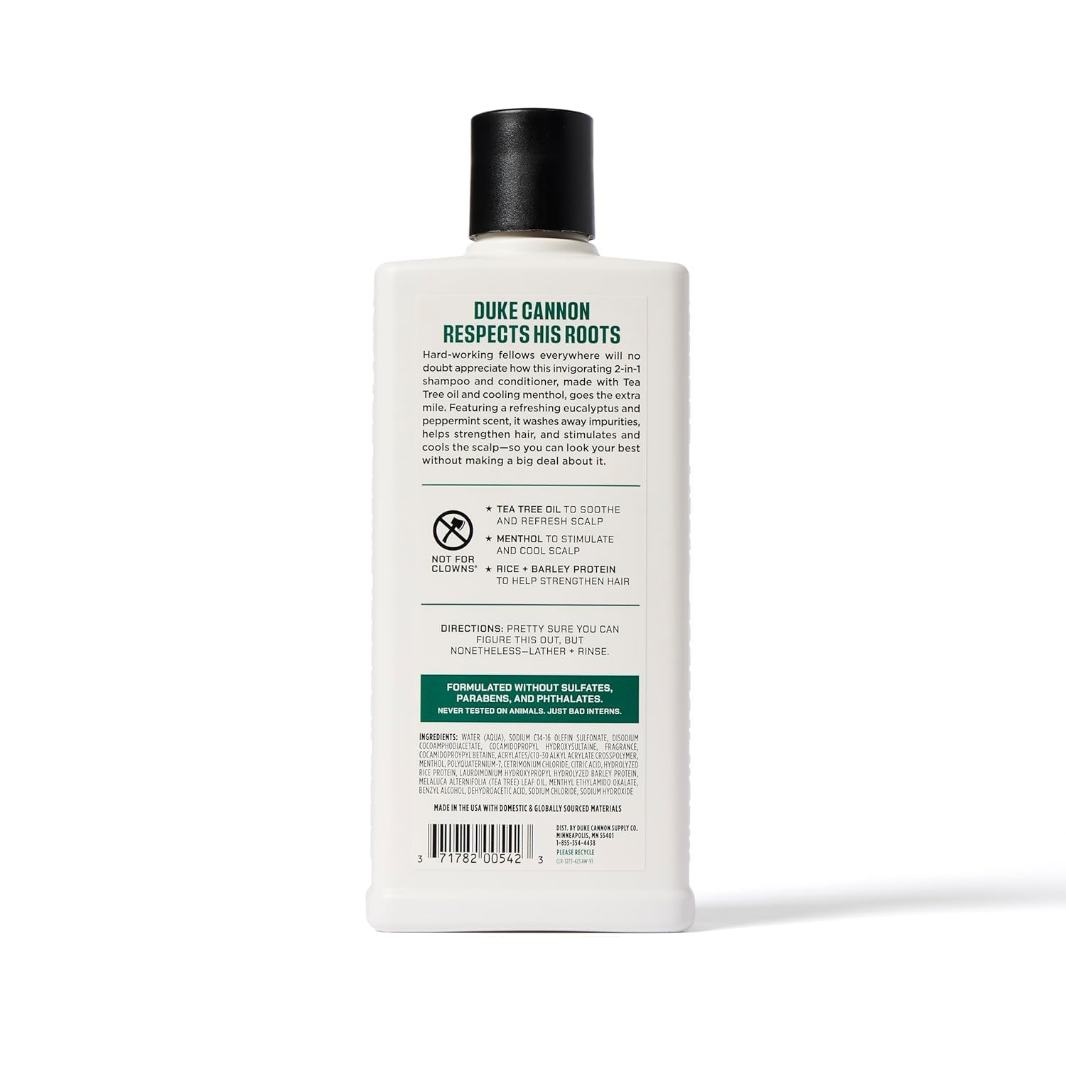 Duke Cannon Tea Tree 2-in-1 scalp-stimulation cools and invigorates the scalp.
