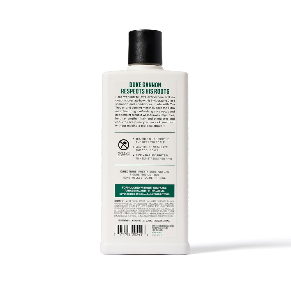 Duke Cannon Tea Tree 2-in-1 scalp-stimulation cools and invigorates the scalp.