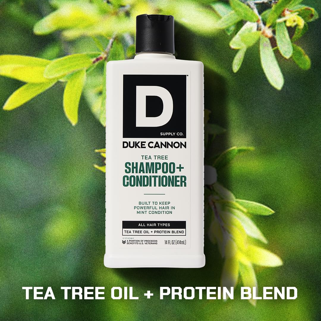 Duke Cannon Tea Tree ingredients bottle highlights premium oils and proteins.
