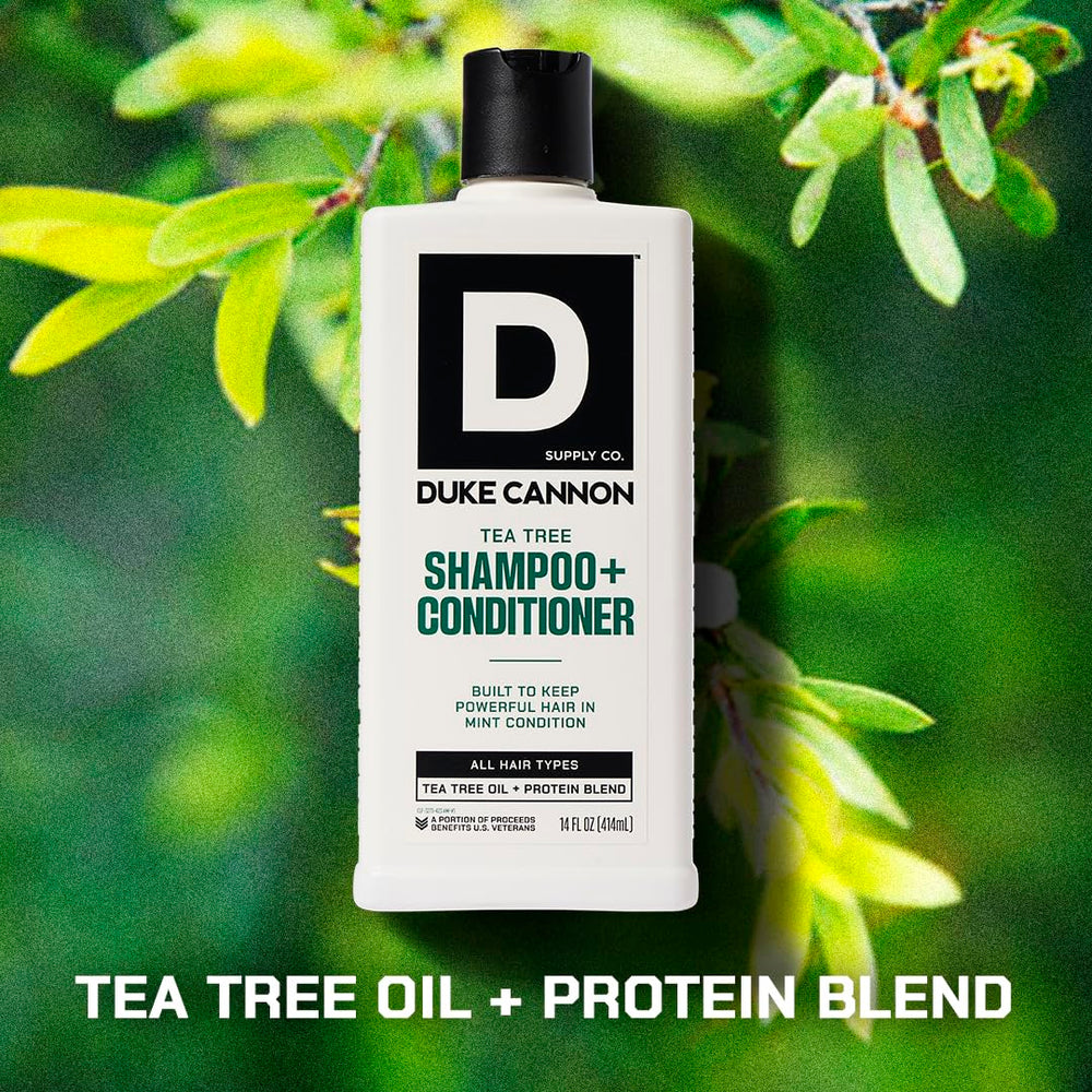 Duke Cannon Tea Tree ingredients bottle highlights premium oils and proteins.