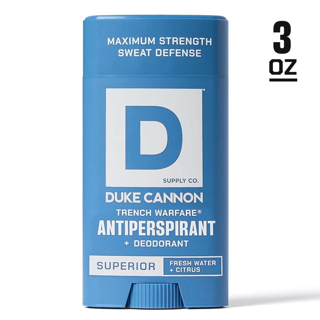 Duke Cannon Trench Warfare bottle angle highlighting long-lasting sweat defense.