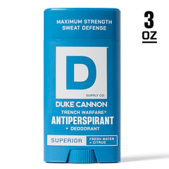 Duke Cannon Trench Warfare bottle angle highlighting long-lasting sweat defense.