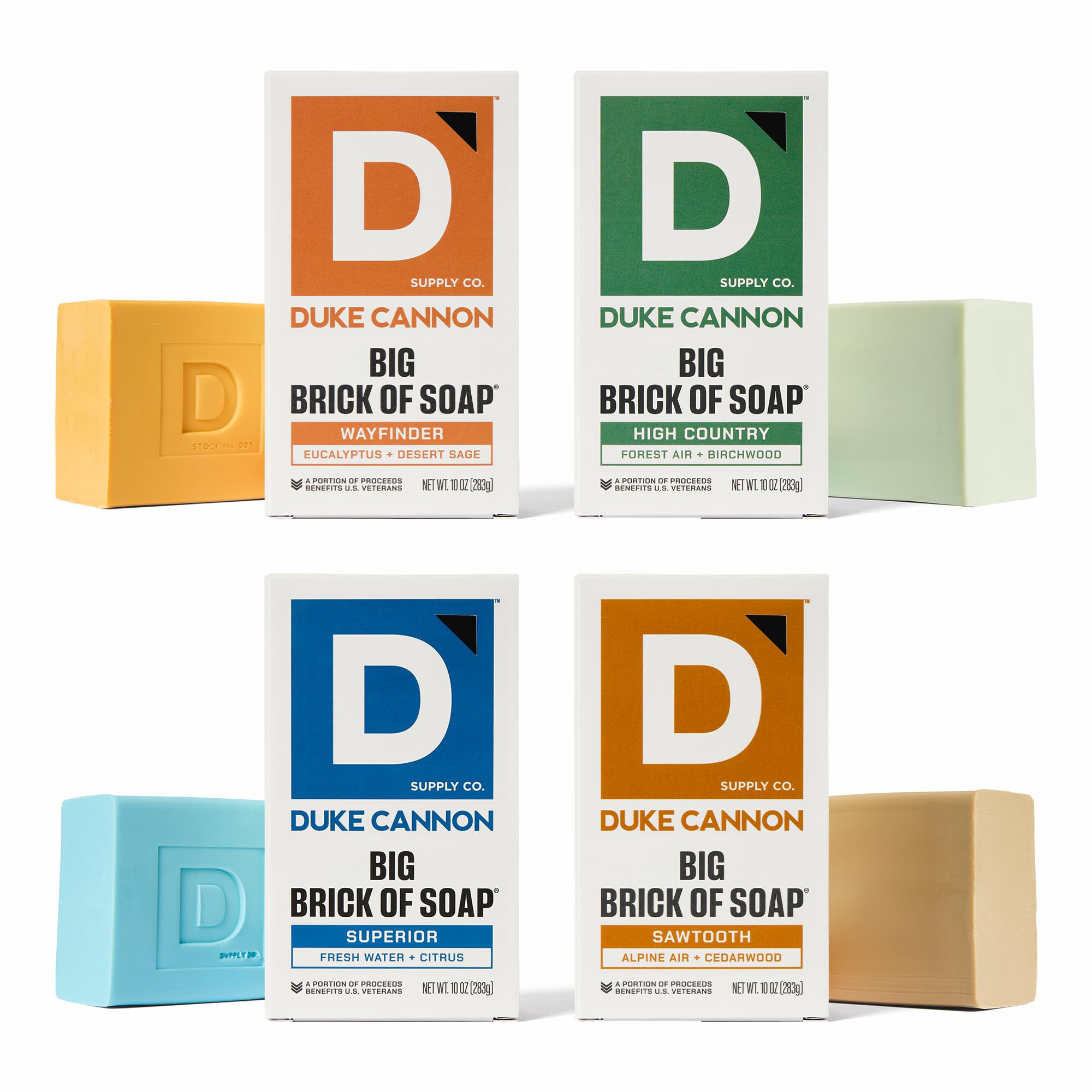 Duke Cannon Wayfinder 10oz bar cleans dirt and sweat with rugged fragrance.