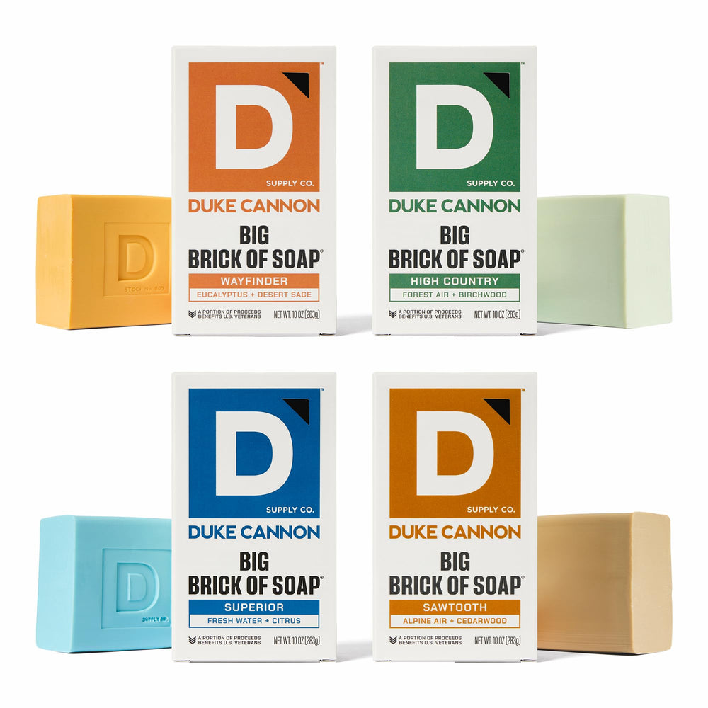 Duke Cannon Wayfinder 10oz bar cleans dirt and sweat with rugged fragrance.