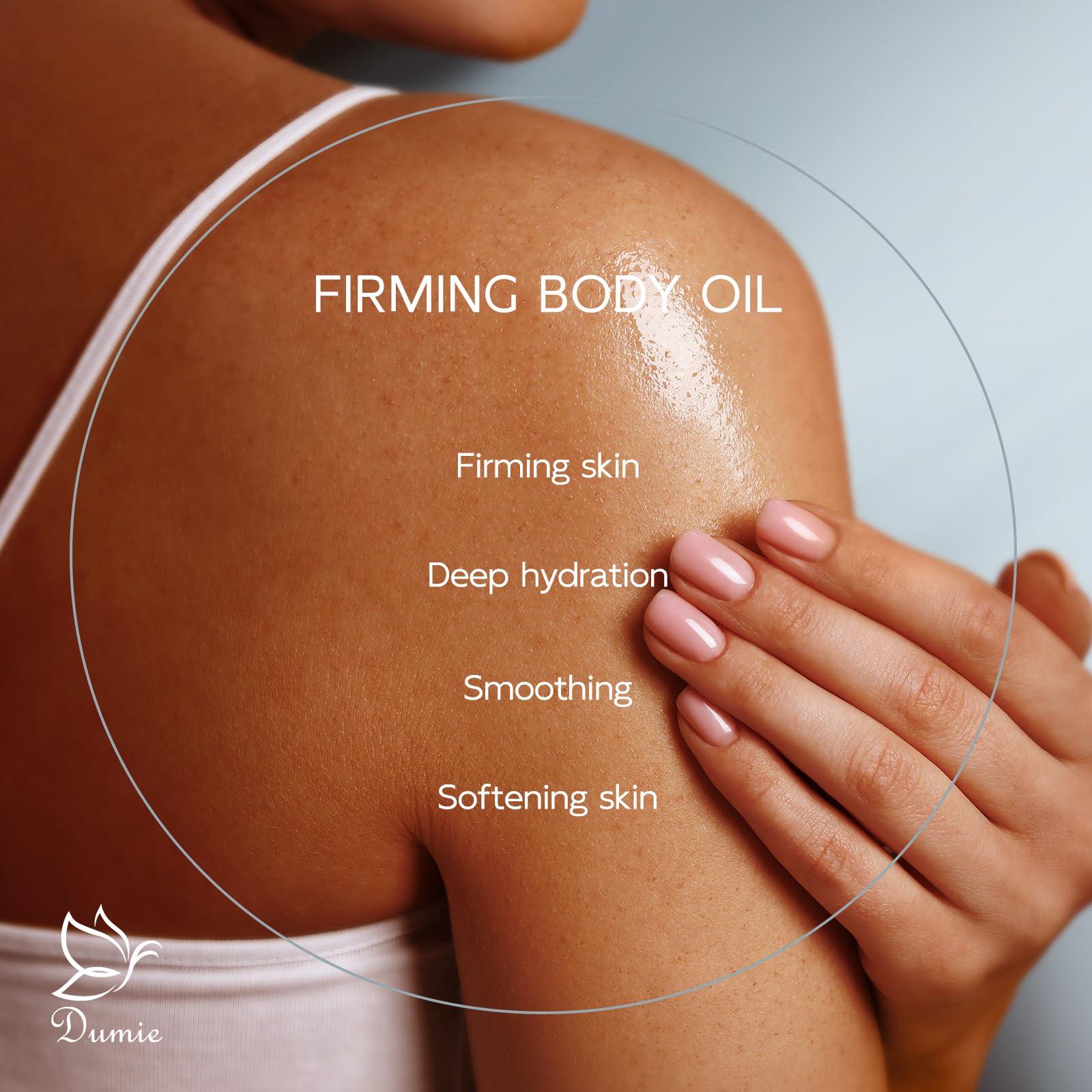 Dumie Body Firming Oil application on arm demonstrating quick absorption