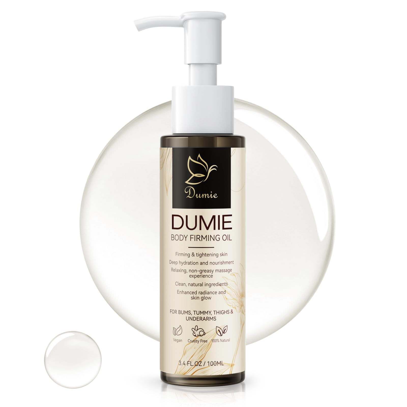 Dumie Body Firming Oil bottle closeup highlighting premium packaging and hydration