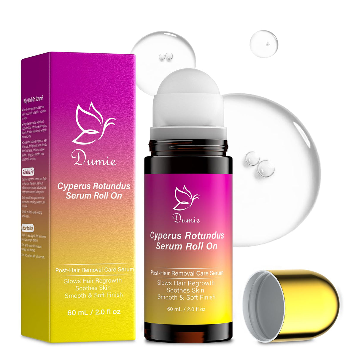 Dumie Cyperus Rotundus serum roll-on bottle shows fast-absorbing post-removal care.