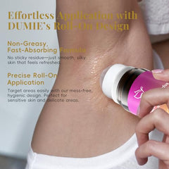 Dumie roll-on applied to bikini area illustrating irritation soothing use.