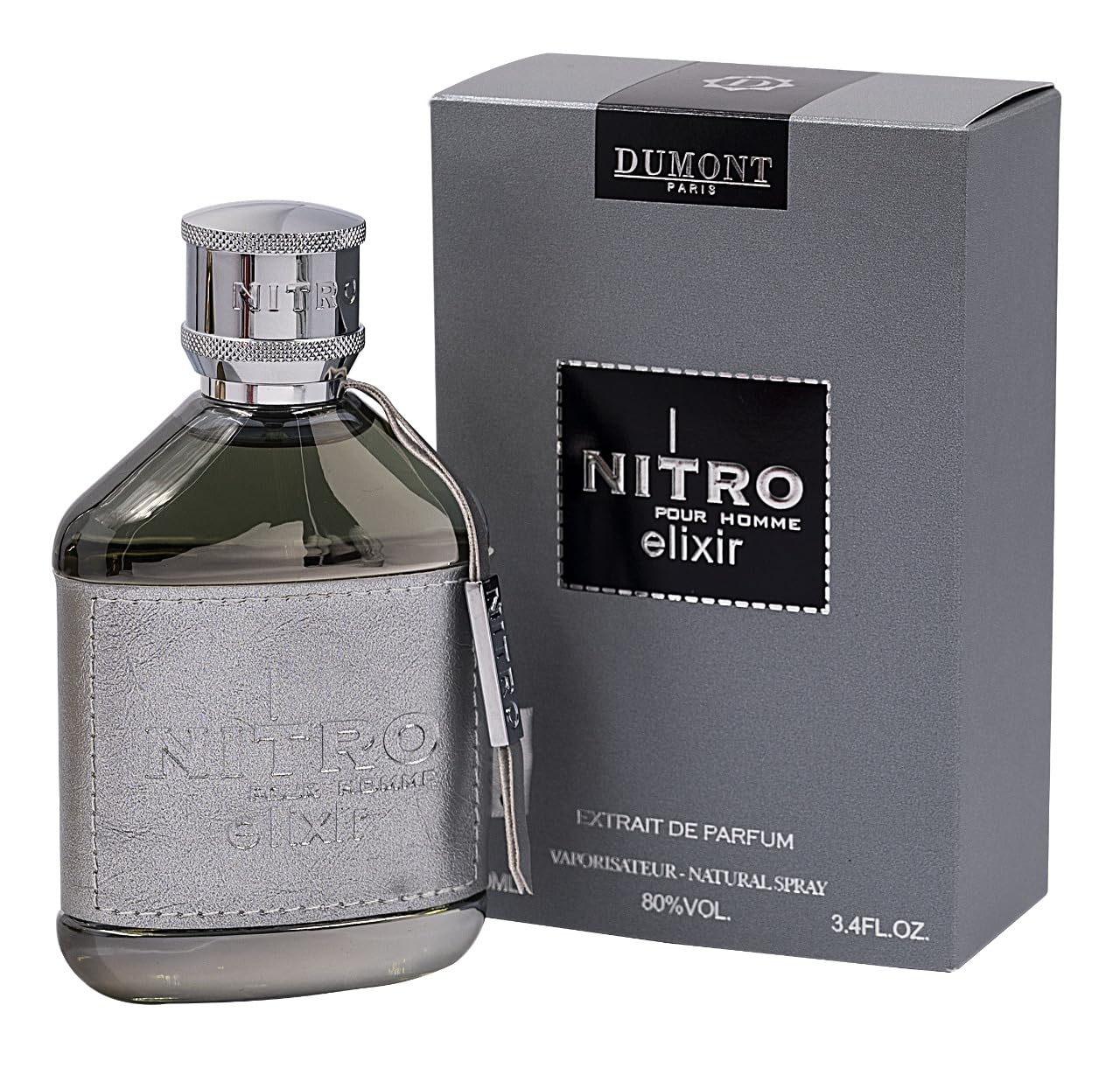 Dumont Nitro Elixir bottle front shows premium masculine design.