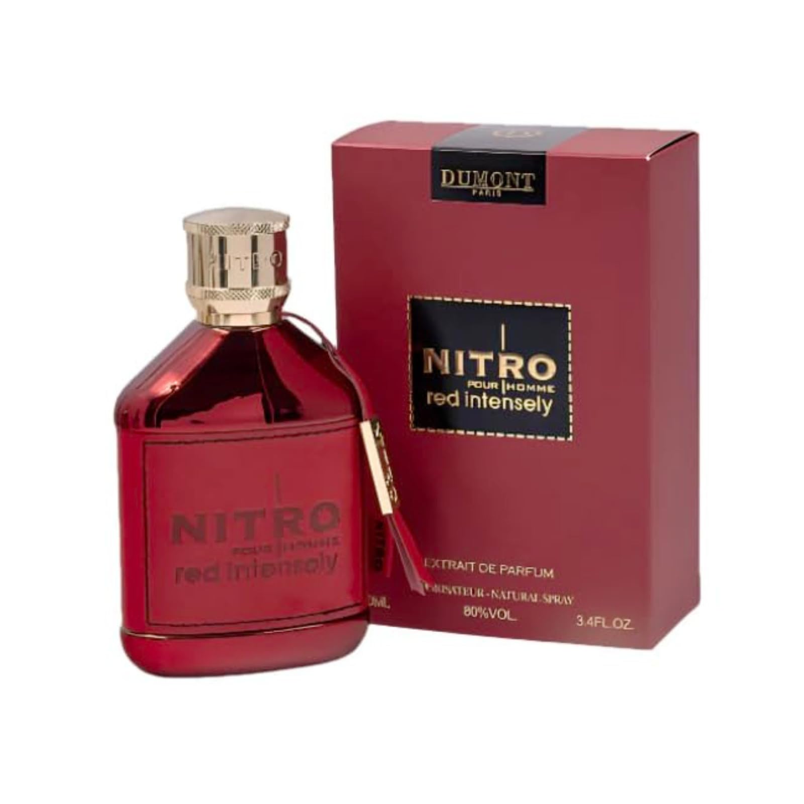 Dumont Nitro Red Extrait bottle close-up, bold scent with lasting appeal for evenings.