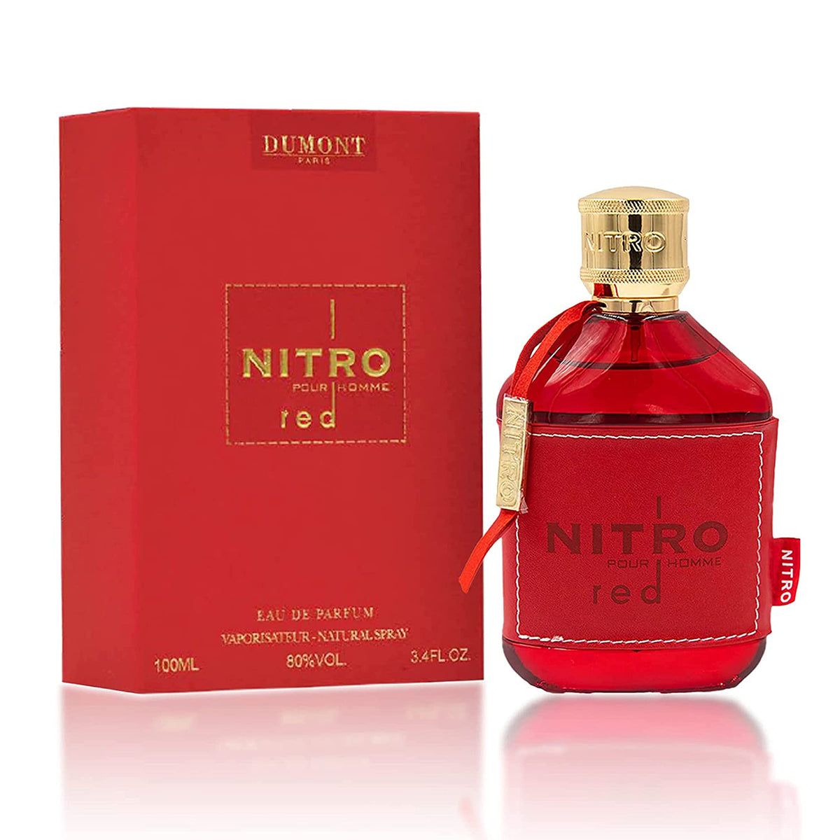 Dumont Nitro Red bottle front with bold red design for confident style.